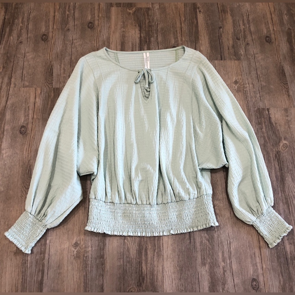 Anthropologie XS Pale Mint Smocked Dolman Tie Neck Textured Blouse Top